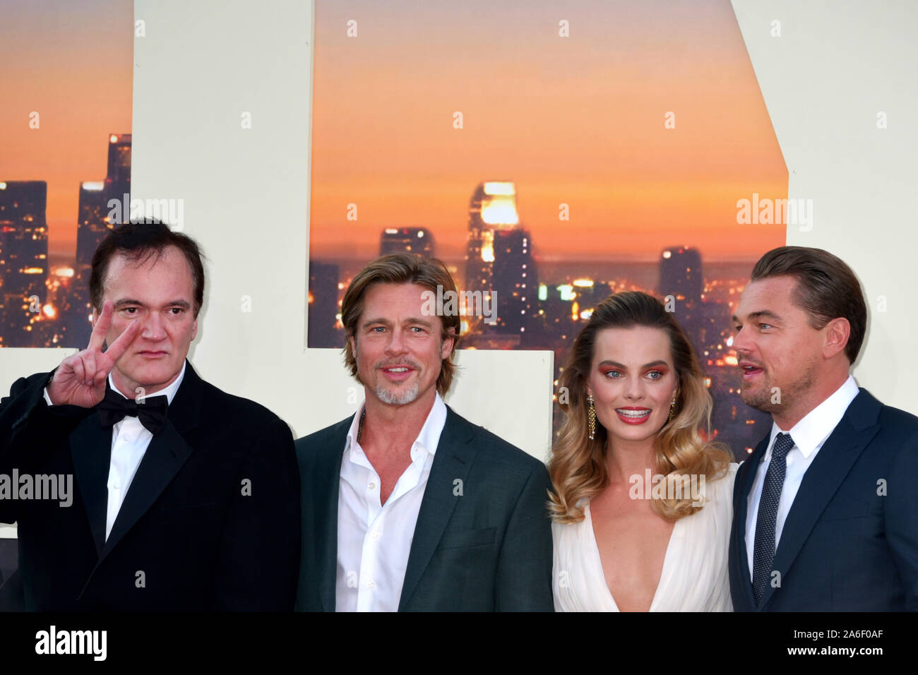 HOLLYWOOD, CALIFORNIE - Le 22 juillet : Quentin Tarantino, Brad Pitt, Margot Robbie, et Leonardo DiCaprio assister à la Sony Pictures' 'Il était une fois... Banque D'Images