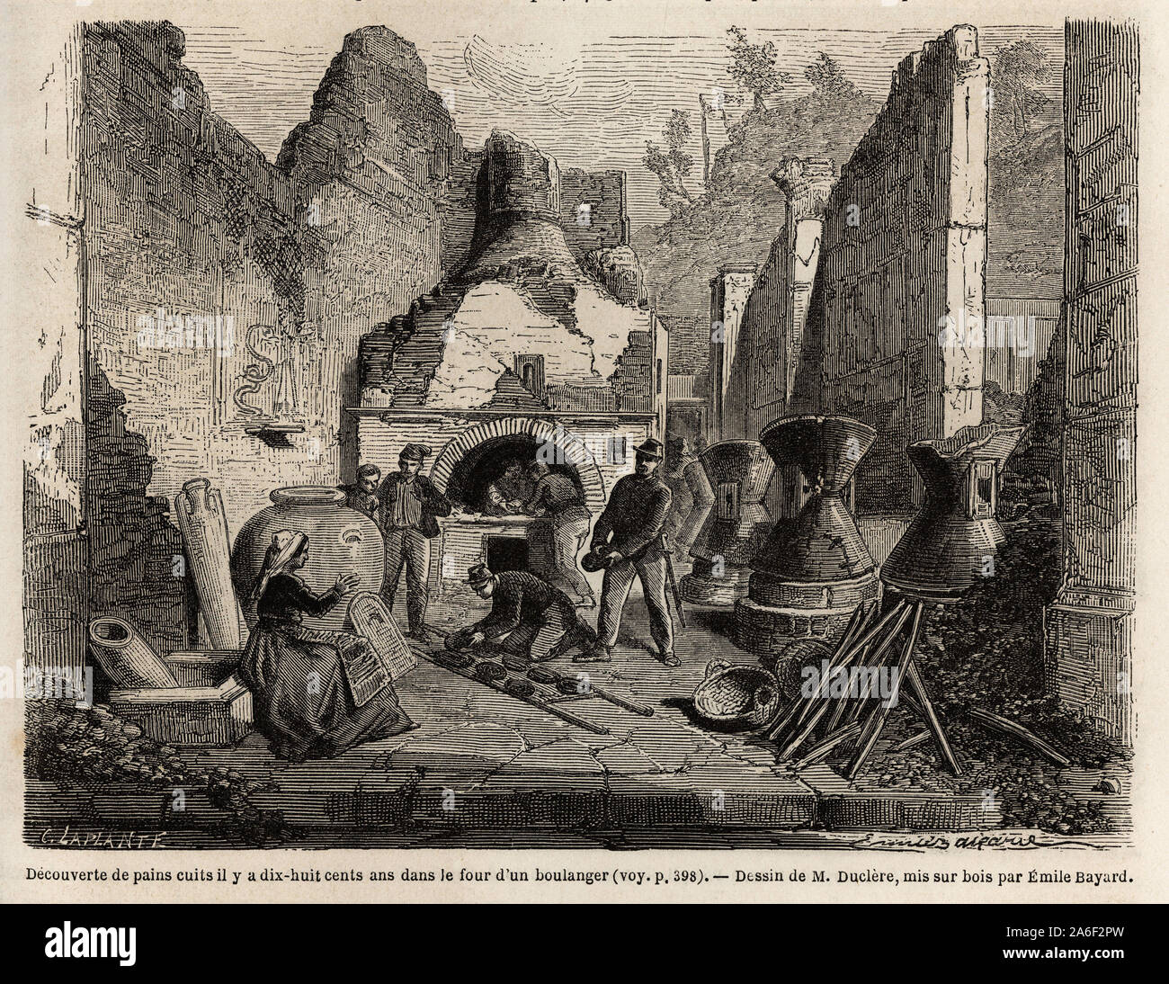 Decouverte d'un four de boulangerie et de soin de conserver dans la cendre lors des fouilles de Pompéi, 1864 un dessin de Emile Bayard (1837-1891), pour Banque D'Images