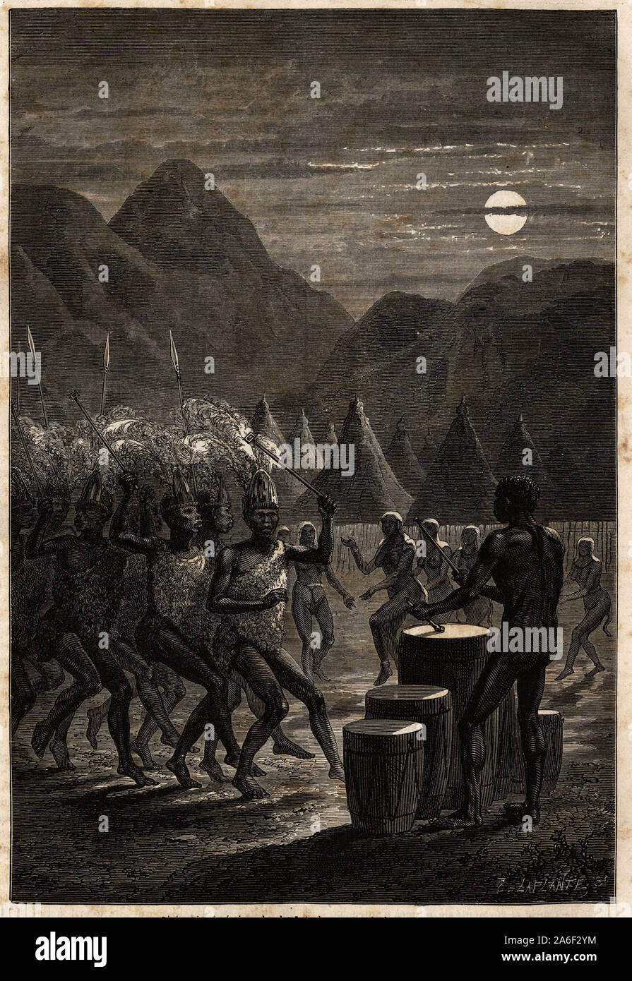 Funeraire cérémonie chez les Lakoutas ( tribu situee dans la région du Haut Nil), tambours et danses rituelles au clair de lune. Gravure pour illustre Banque D'Images