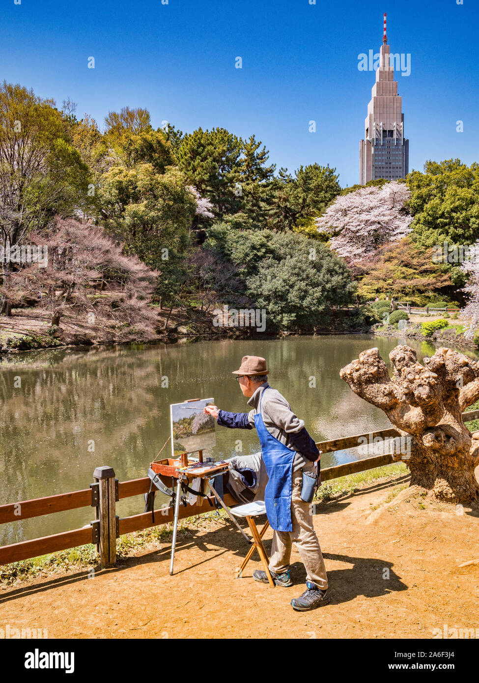 4 avril 2019 : Tokyo, Japon - peinture artiste cherry blossom et le lac dans le jardin National de Shinjuku Gyoen, Tokyo. Banque D'Images