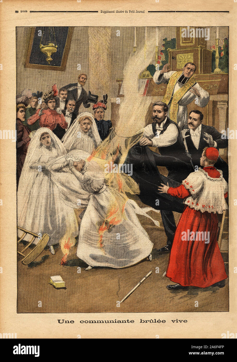 Une communiante brûlée vive, un la chapelle des Soeurs de Saint Joseph de Cluny, Montrouge, un cierge de l'ONU une main d'un enflamme le voile d'une petite fille, qui Banque D'Images