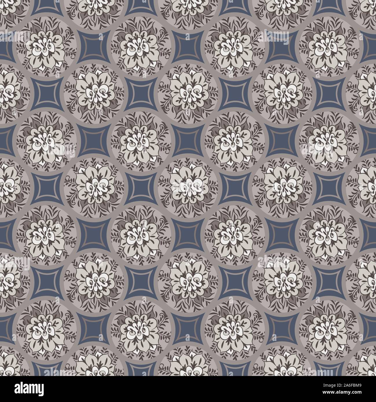 Modèle vectoriel continu avec décoration florale mosaïque de porcelaine dans des tons de gris bleu et marron Illustration de Vecteur