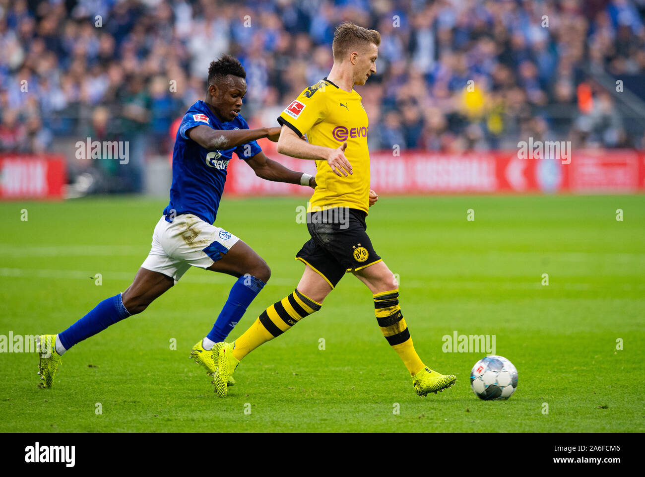 Gelsenkirchen, Allemagne. 26Th Oct, 2019. Soccer : Bundesliga, le FC Schalke 04 - Borussia Dortmund, 9e journée de la Veltins Arena. Le Dortmund Marco Reus (r) et le Rabbin du Schalke Matondo lutte pour la balle. Credit : Guido Kirchner/DPA - NOTE IMPORTANTE : en conformité avec les exigences de la DFL Deutsche Fußball Liga ou la DFB Deutscher Fußball-Bund, il est interdit d'utiliser ou avoir utilisé des photographies prises dans le stade et/ou la correspondance dans la séquence sous forme d'images et/ou vidéo-comme des séquences de photos./dpa/Alamy Live News Banque D'Images