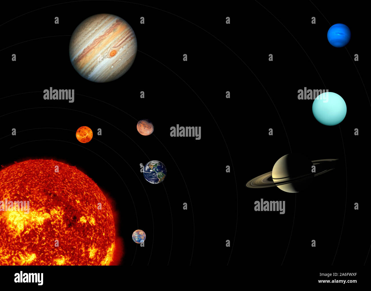 Système solaire avec le soleil et les planètes en orbite le noir. Photos planétaires de NASA. Banque D'Images