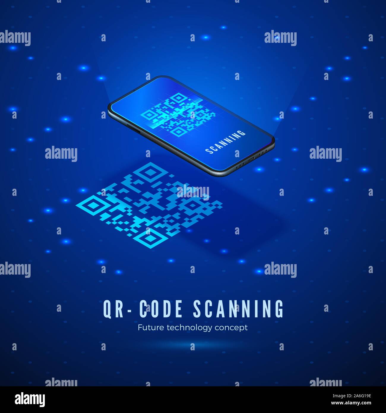 QR code scan concept isométrique. Téléphone mobile avec code à barres numérique numérisation à l'écran. Arrière-plan de la technologie dans le bleu. Vector Illustration de Vecteur