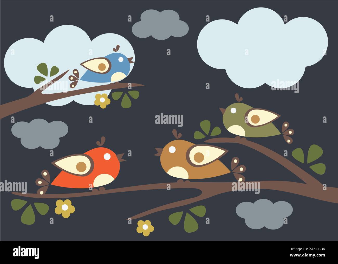 Oiseaux assis sur les branches d'arbres. Vector Illustration. Nuit nuageuse Illustration de Vecteur