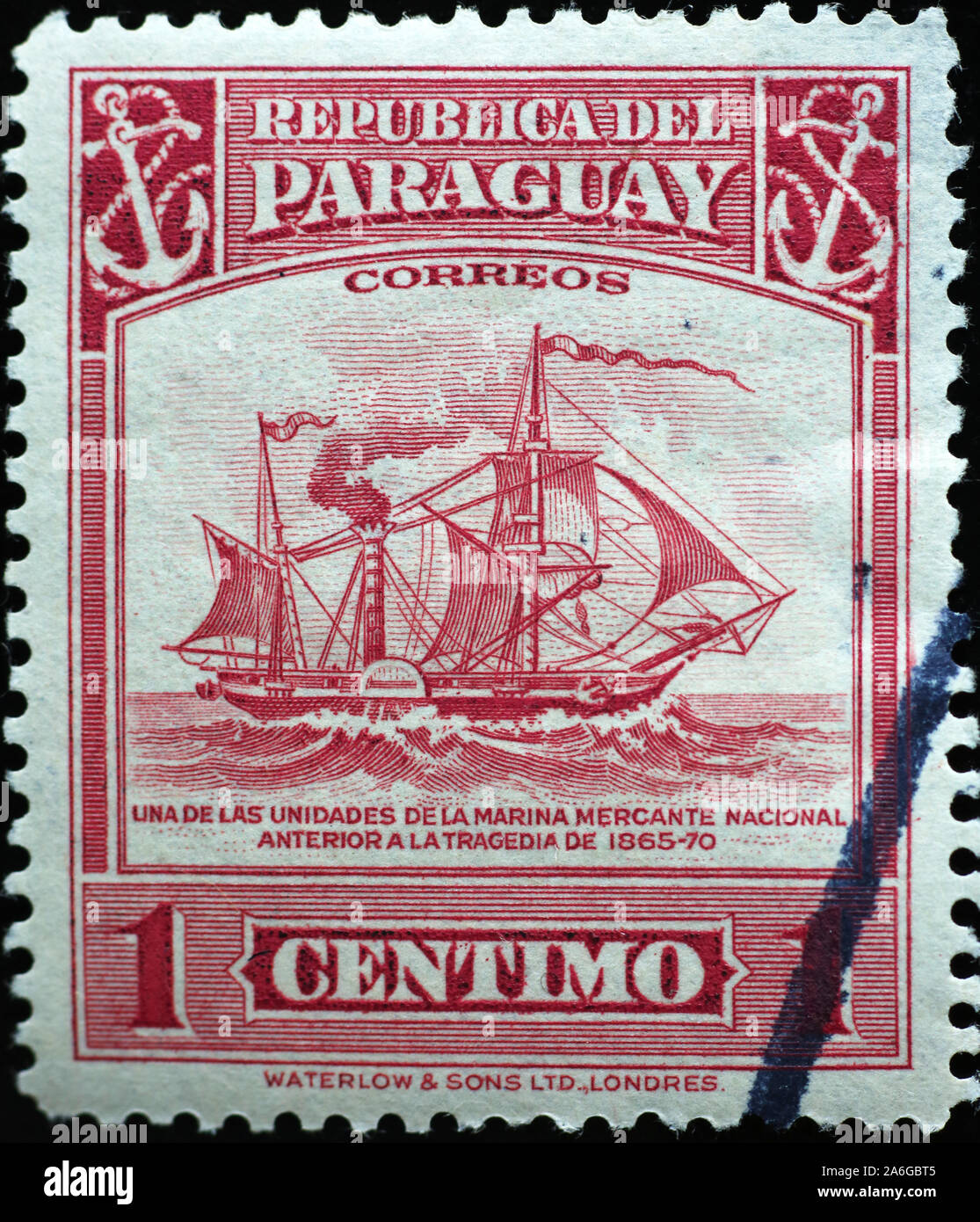 Ancien voilier sur vintage stamp du Paraguay Banque D'Images