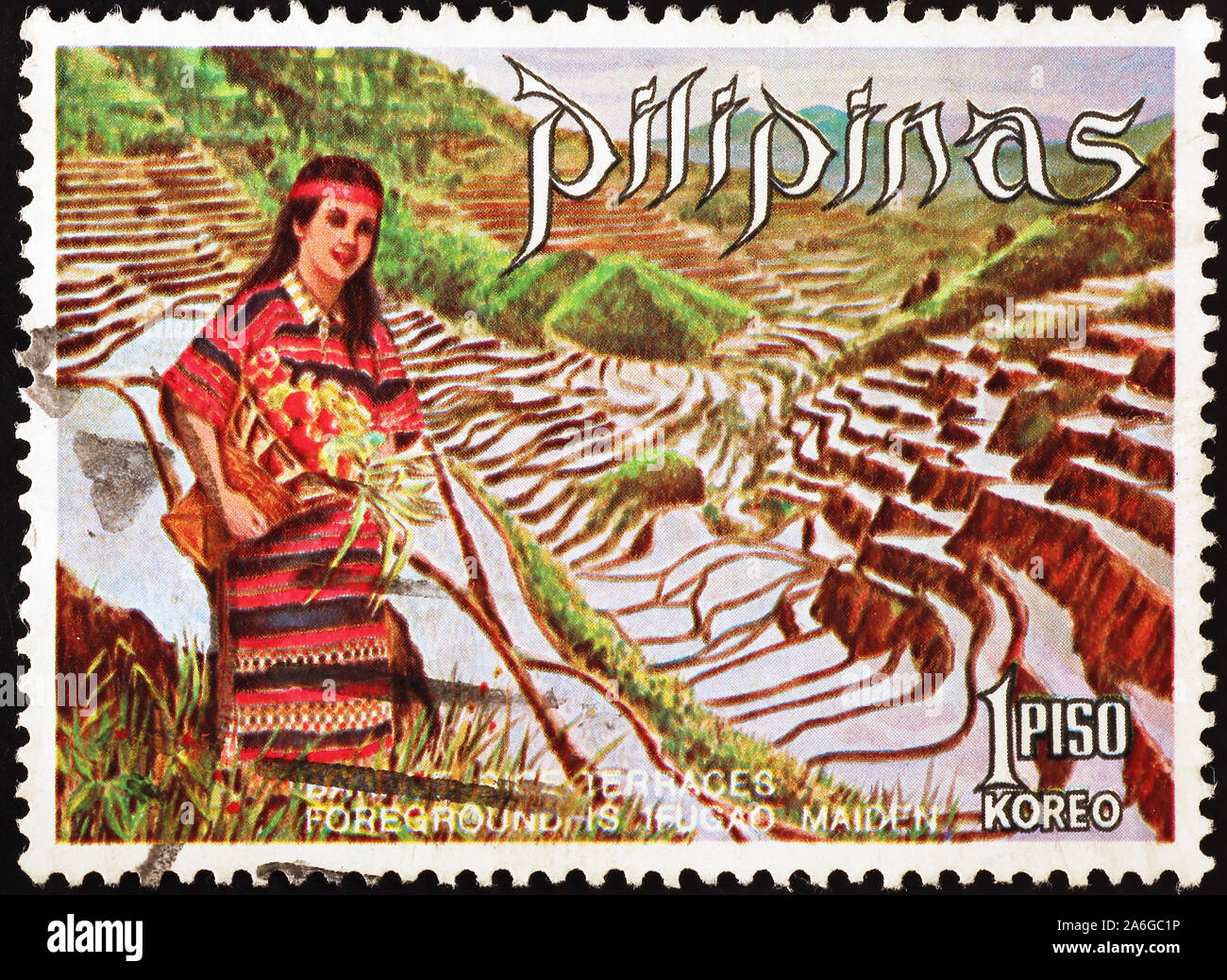 La culture du riz en terrasses en timbre-poste de Philippines Banque D'Images