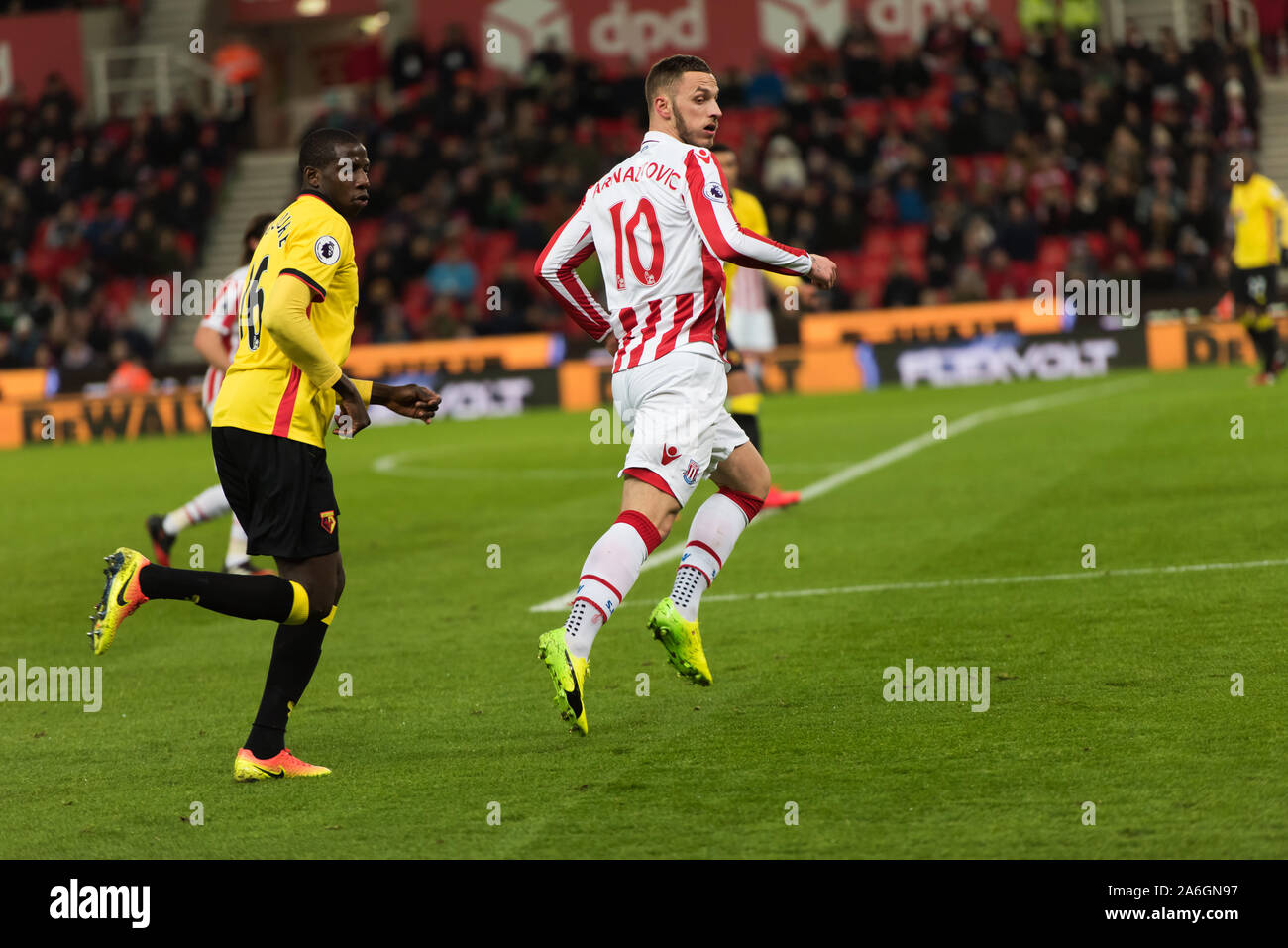 Marko Arnautovic paling pour Stoke City au BET365 stade avant son déménagement à West Ham, à Londres Banque D'Images