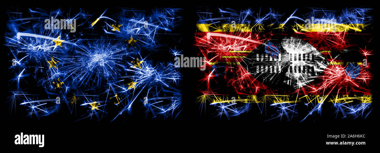 L'Union européenne, l'UE vs Swaziland Swazi, nouvel an fête drapeaux fireworks mousseux fond concept. Combinaison de deux membres des drapeaux. Banque D'Images