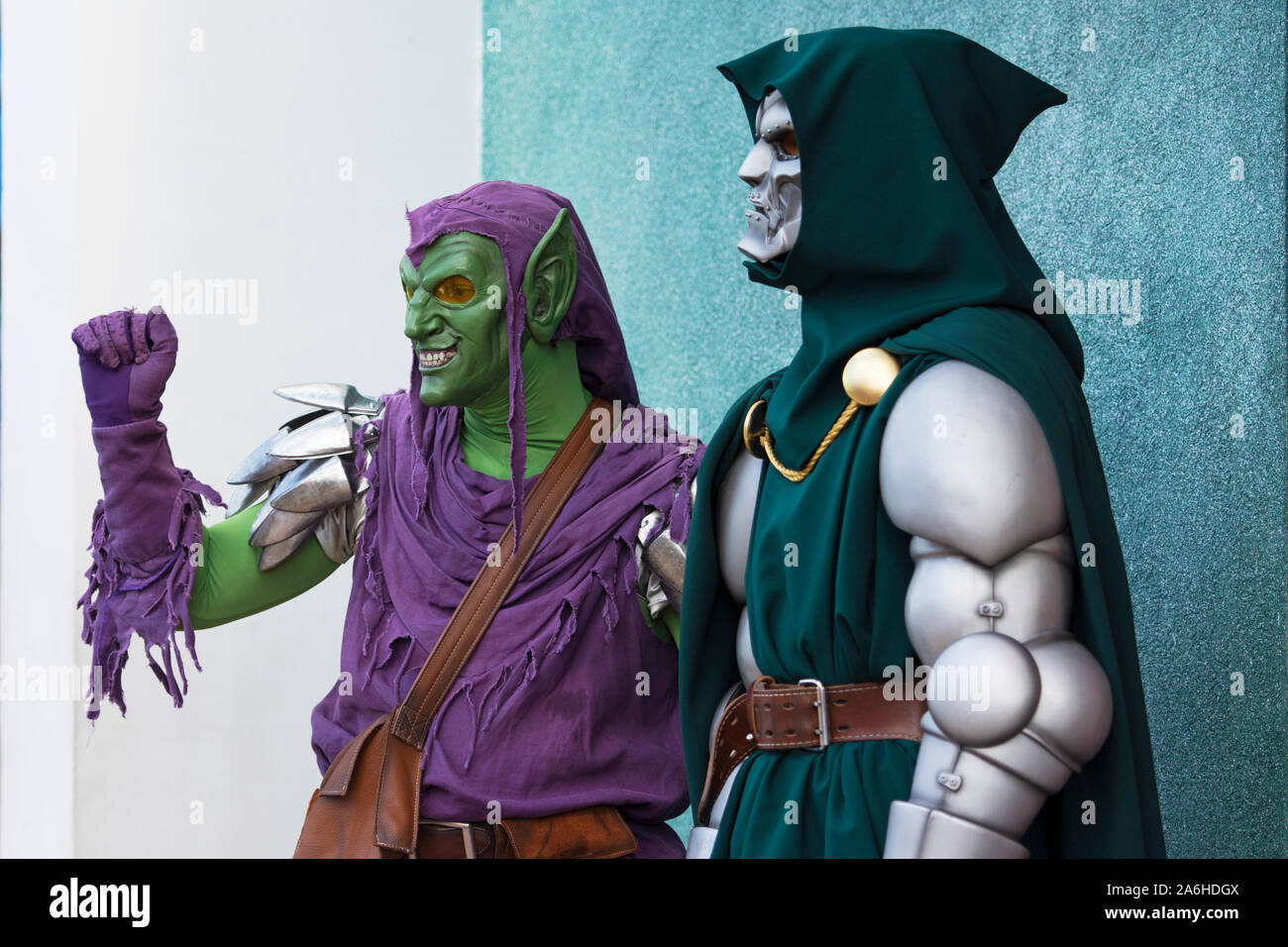 Doctor Doom et Green Goblin, Marvel, super-vilains méchants personnages, Super Héros, île, Islands of Adventure, le complexe Universal Studios Orlando Banque D'Images