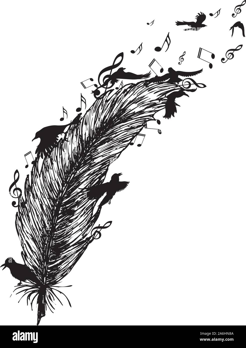 Les oiseaux en plein vol et de plume et notes de musique d'ossature, tatouage dessin en noir et blanc. Illustration de Vecteur
