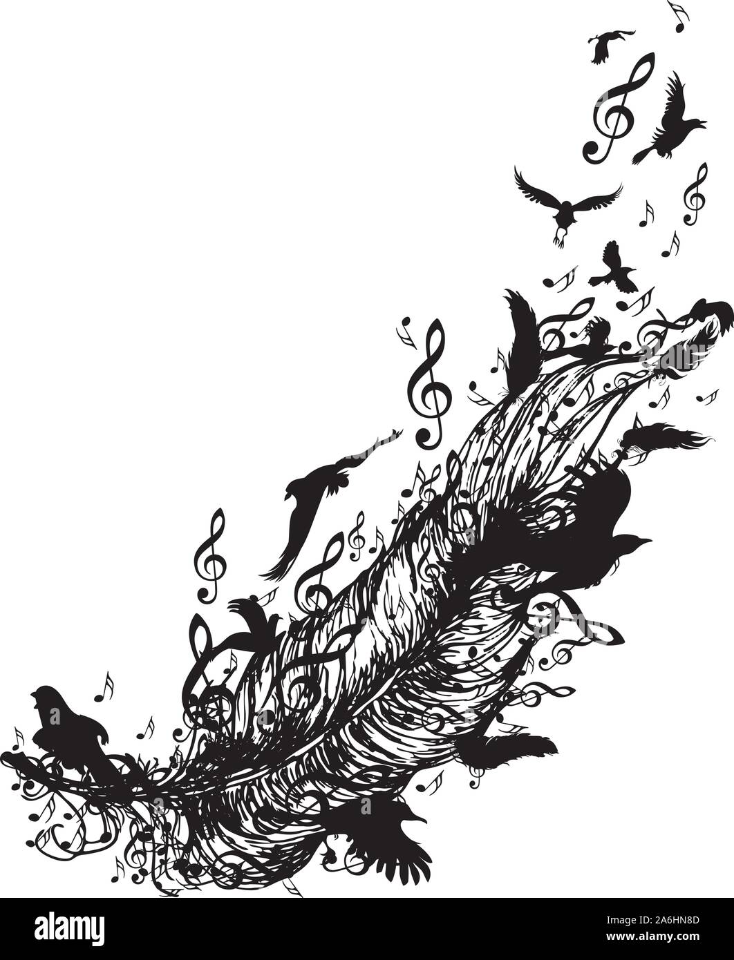 Les oiseaux en plein vol et de plume et notes de musique d'ossature, tatouage dessin en noir et blanc. Illustration de Vecteur