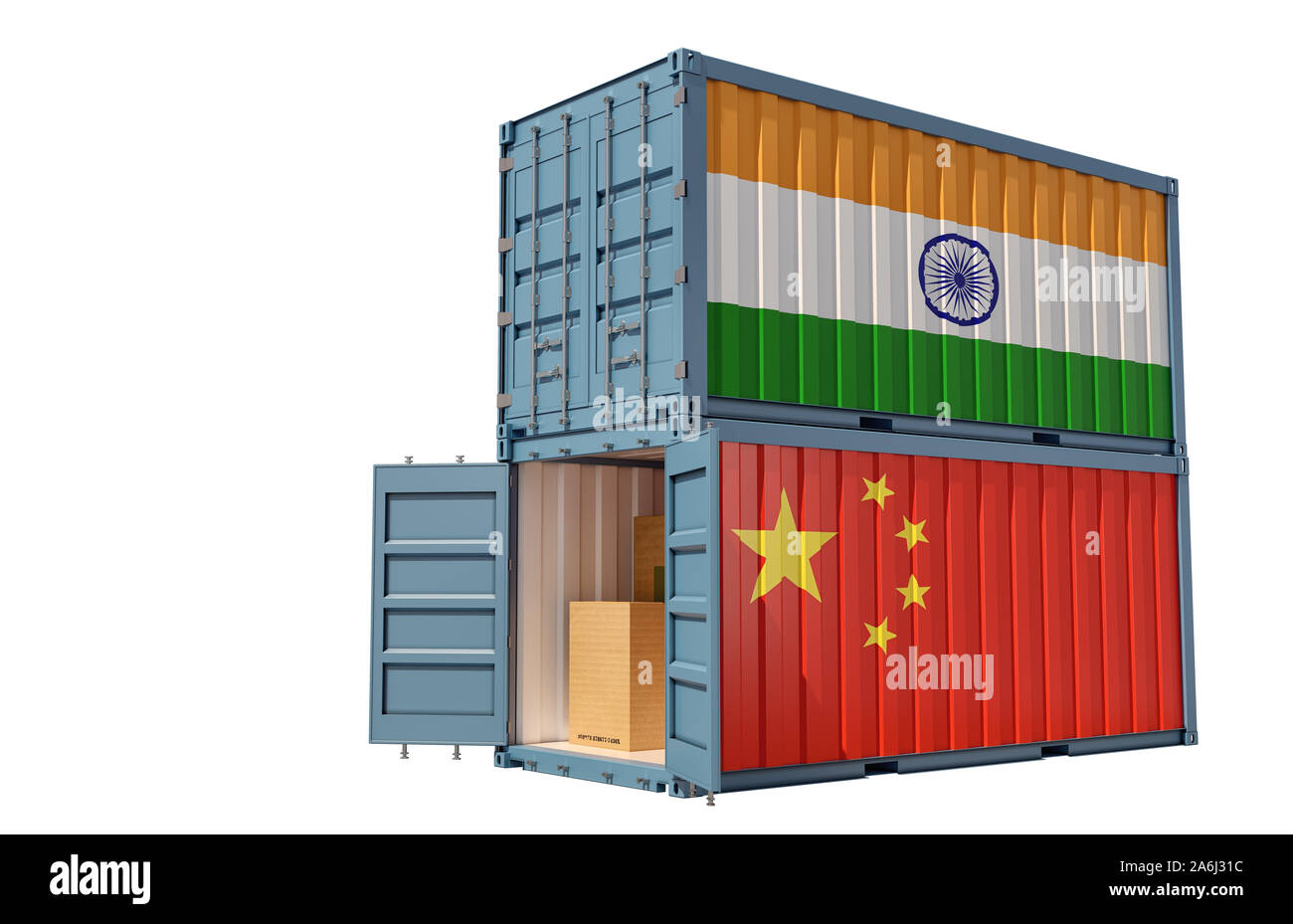 Deux conteneurs de fret avec l'Inde et la Chine drapeau. Isolé sur blanc - le rendu 3D Banque D'Images