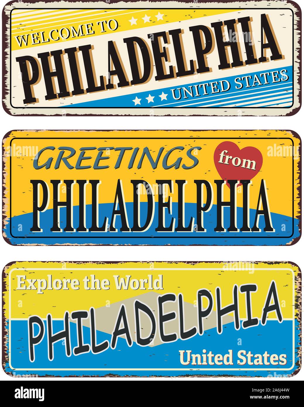 Philadelphia Vintage tin sign collection avec USA Nom de ville. Signe ou une carte postale souvenir rétro des modèles sur vieux métal arrière-plan. Thème de voyage. Illustration de Vecteur