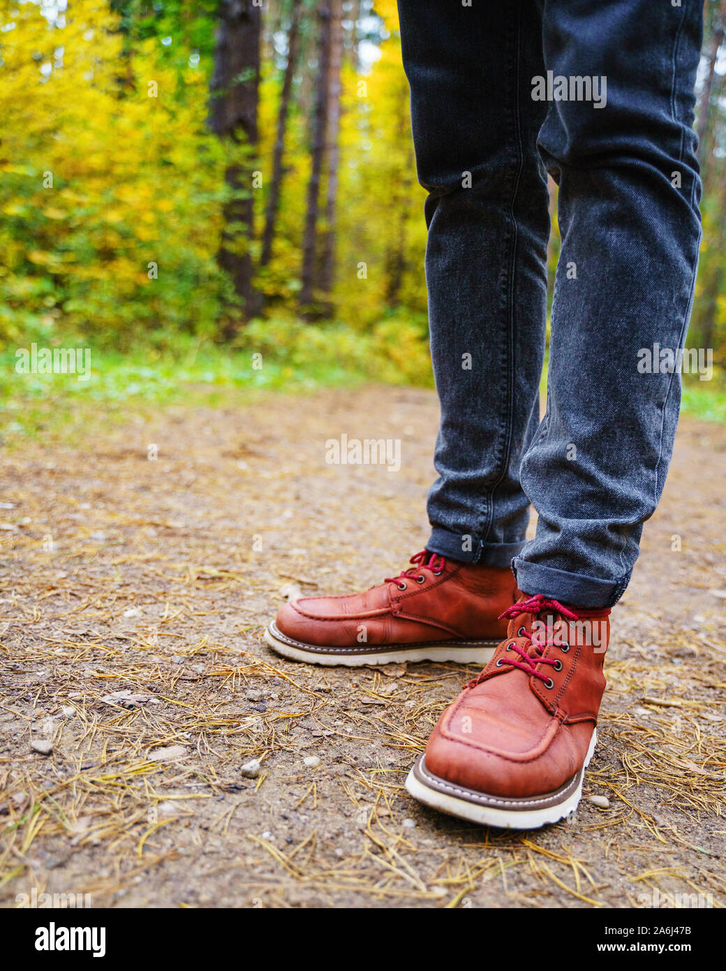 Un homme en bottes en cuir rouge promenades dans la magnifique forêt  d'automne. Close up chaussures avec copie spase. Concept de voyage Photo  Stock - Alamy