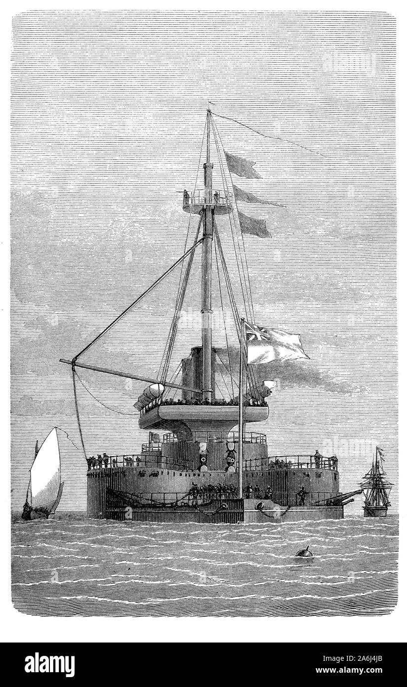 Le HMS Thunderer Anglais navire tourelle ironclad lancé en 1872 avec deux moteurs à vapeur et deux hélices et d'un faible débit qui limitait son gaillard Banque D'Images