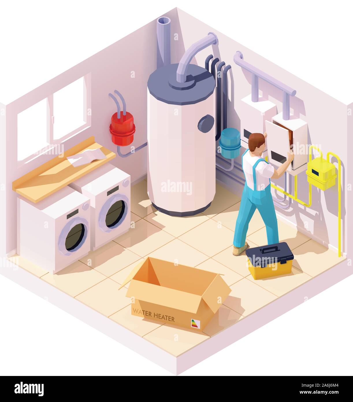 Technicien isométrique vectoriel sur l'installation d'une chaudière ou chauffe-eau Illustration de Vecteur