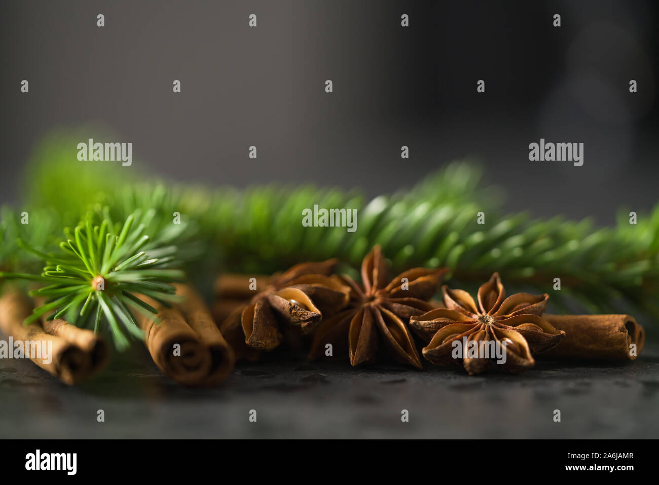 Gros plan du rameau de l'épinette avec cannelle et anis sur countetop en terrazzo, focus peu profondes Banque D'Images
