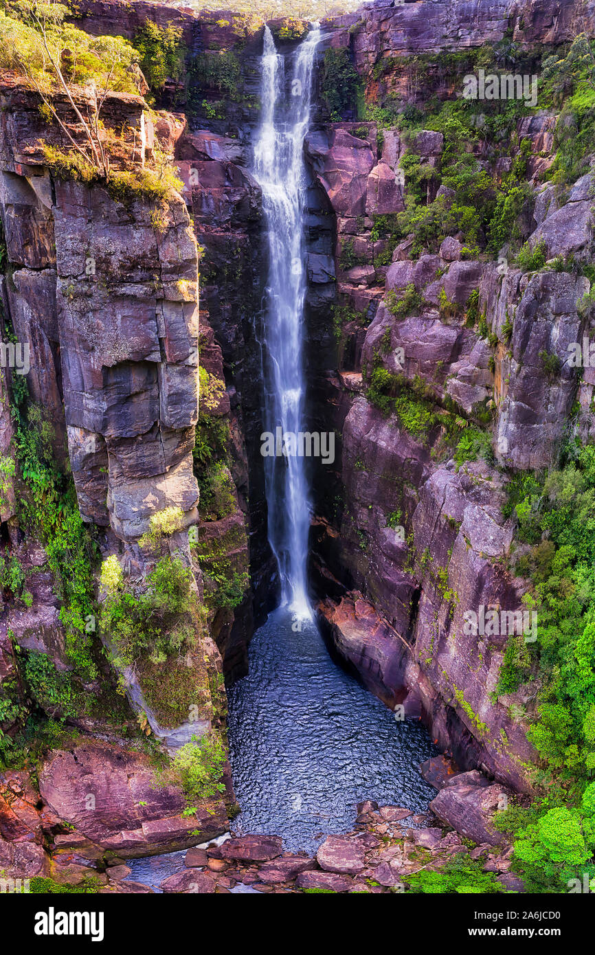 Près de l'eau qui tombe de Carrington sur la cascade de la rivière qui coule à Kangaroo Kangaroo Valley coupant à travers rochers de grès à gum tree pour Banque D'Images