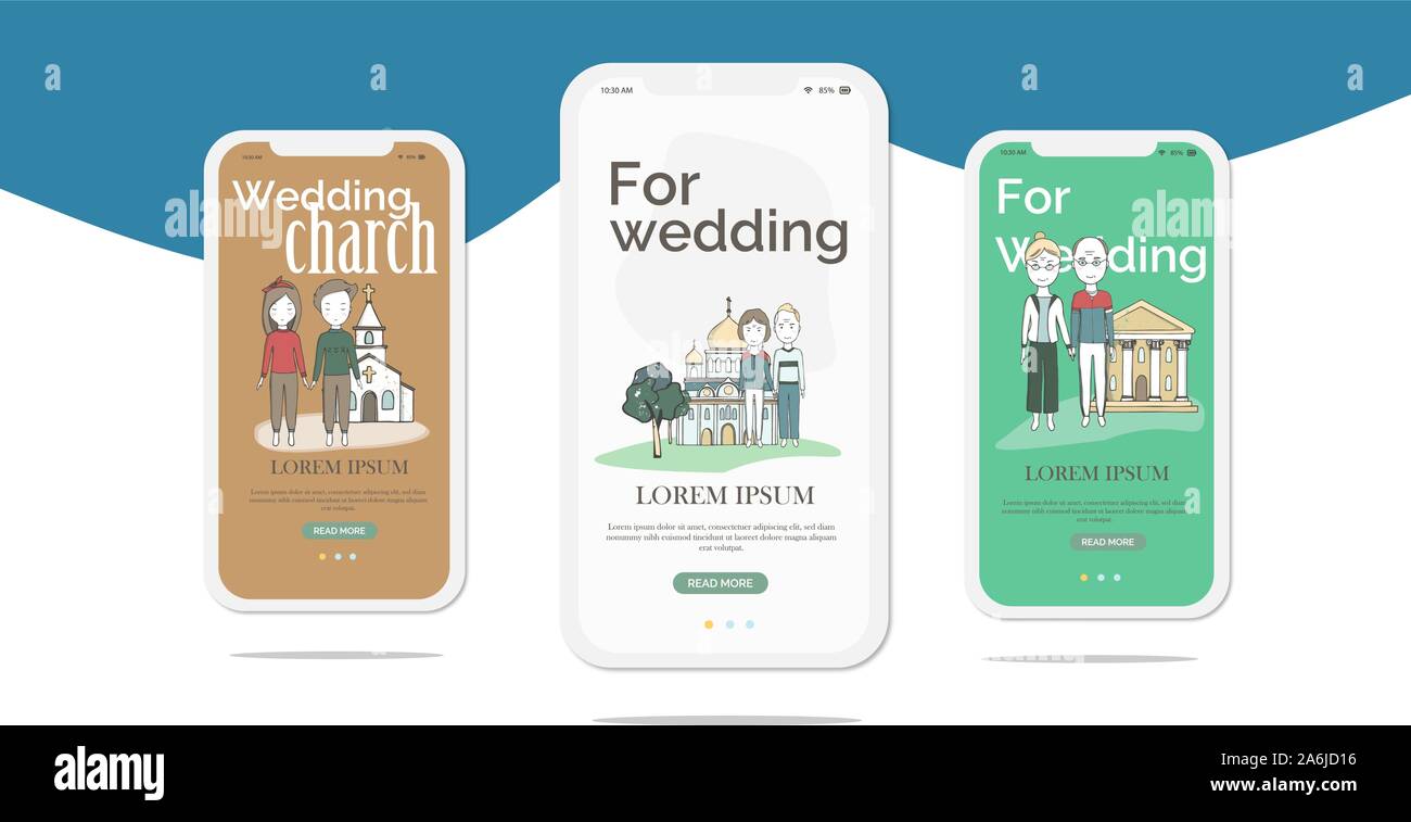 Mariage sur les écrans d'intégration des applications mobiles. Les personnes âgées et les jeunes offrent de se marier sur charch, mariage, lune de miel sur des échantillons. Bannières pour Illustration de Vecteur