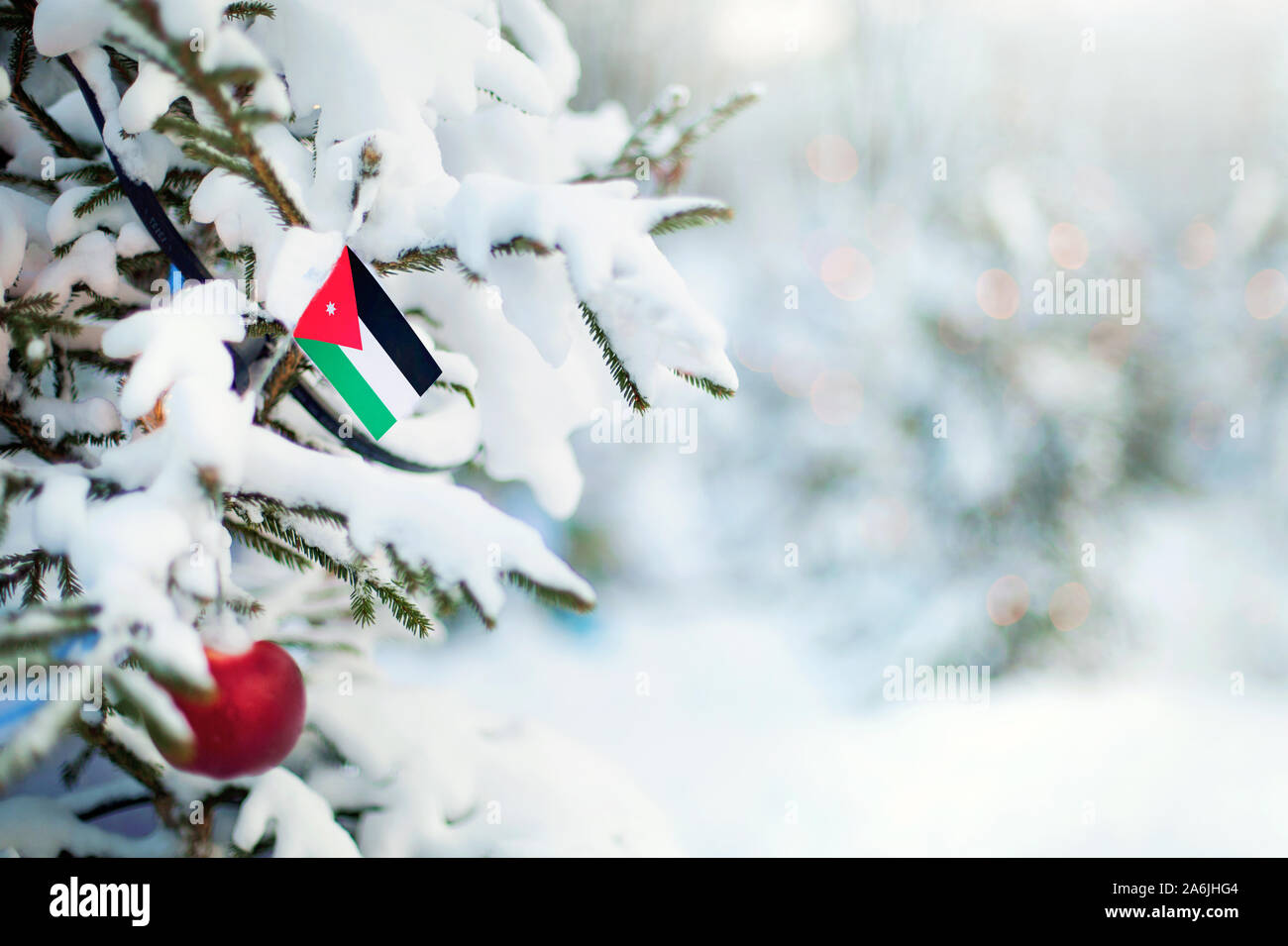 La Jordanie de Noël. Arbre de Noël couvert de neige, des décorations et un drapeau. Contexte La forêt enneigée en hiver. Carte de vœux de Noël. Banque D'Images
