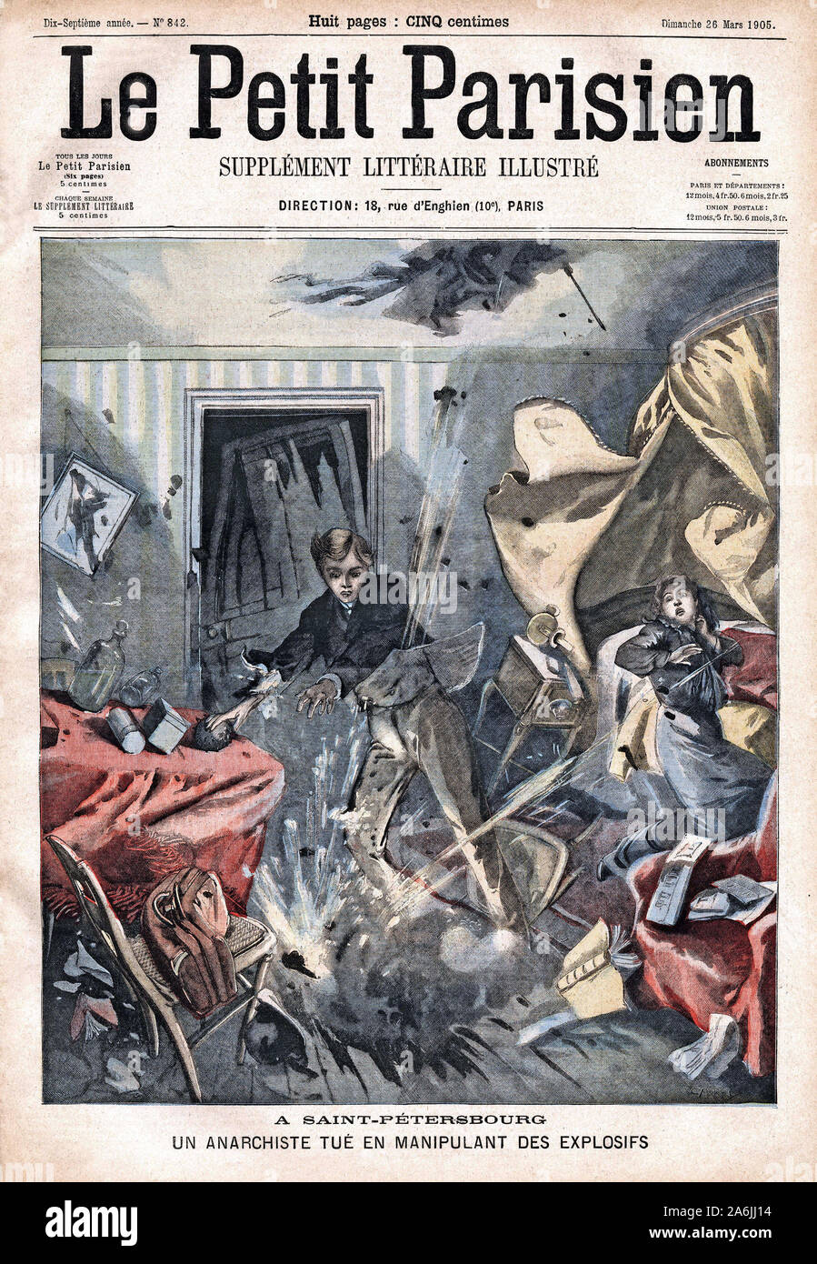 Un anarchiste se tue en manipulant des explosifs, un Saint Petersbourg. Gravure dans "Le Petit Parisien", le 26/03/1905. Banque D'Images