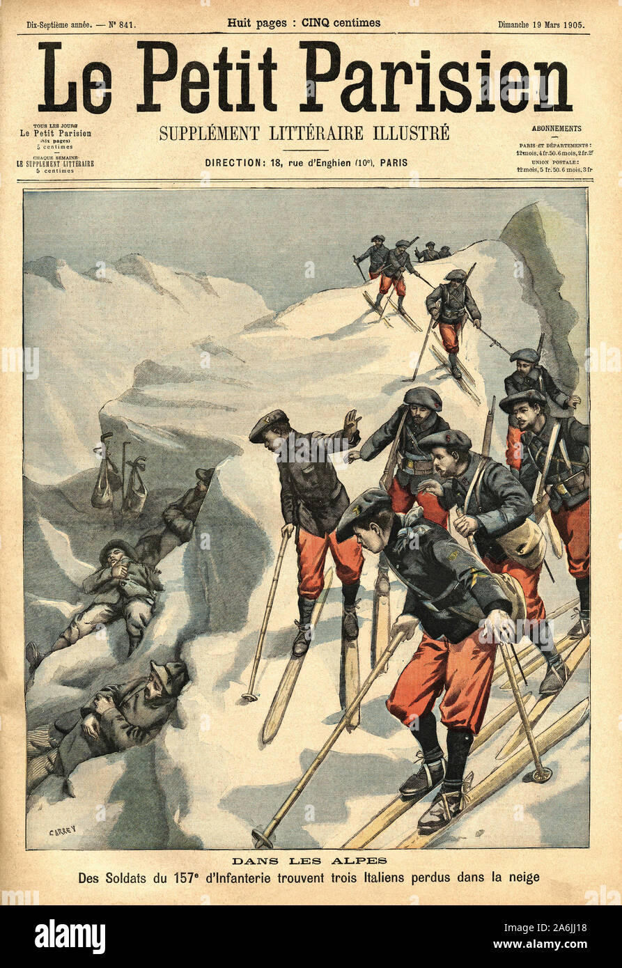 Trois italiens perdus dans les Alpes sont retrouves par les soldats de la 157e Infanterie. Gravure dans "Le Petit Parisien", le 19/03/1905. Banque D'Images