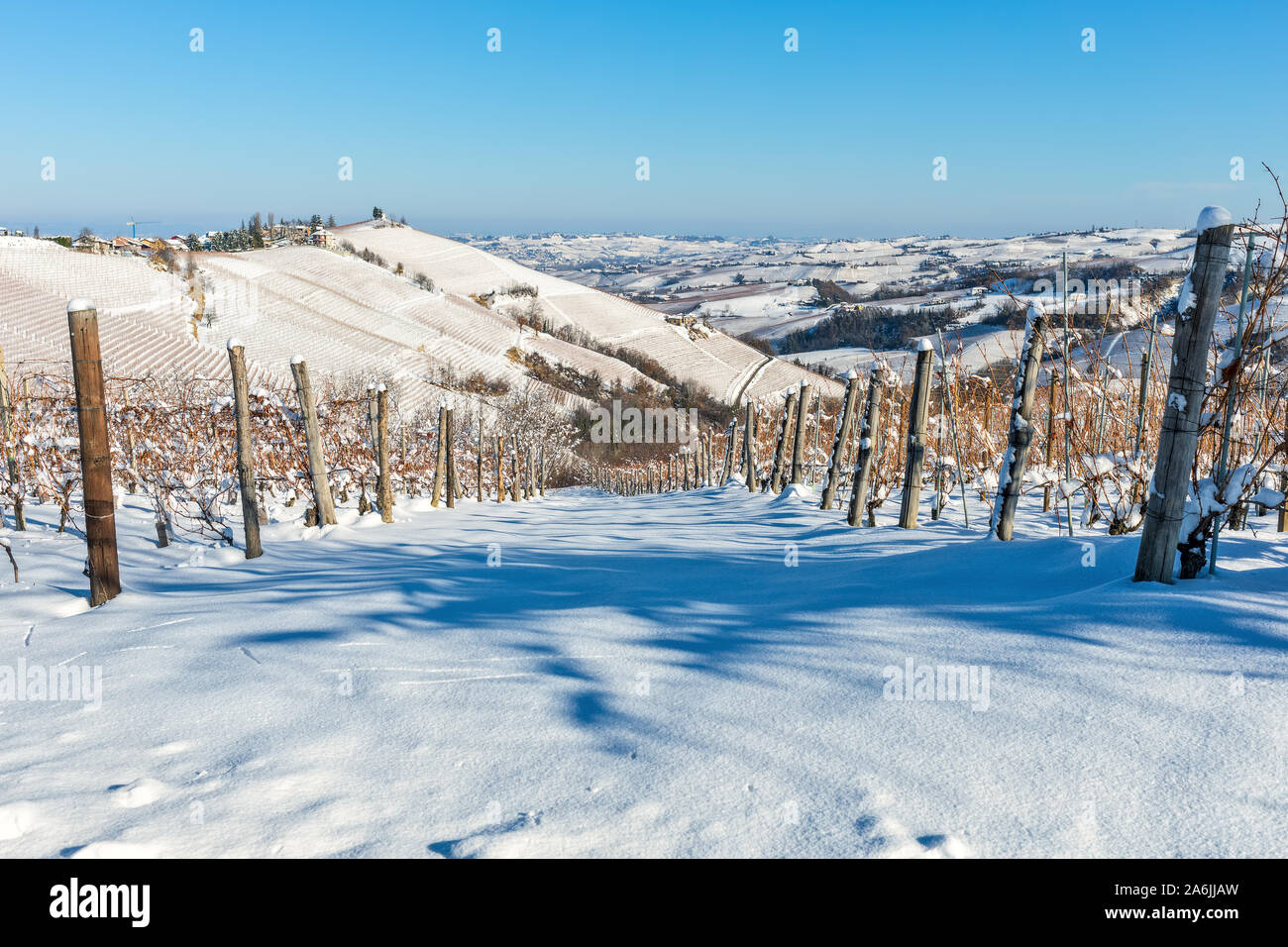 Vignoble sur les collines couvertes de neige sous ciel bleu en Piémont, Italie du Nord. Banque D'Images