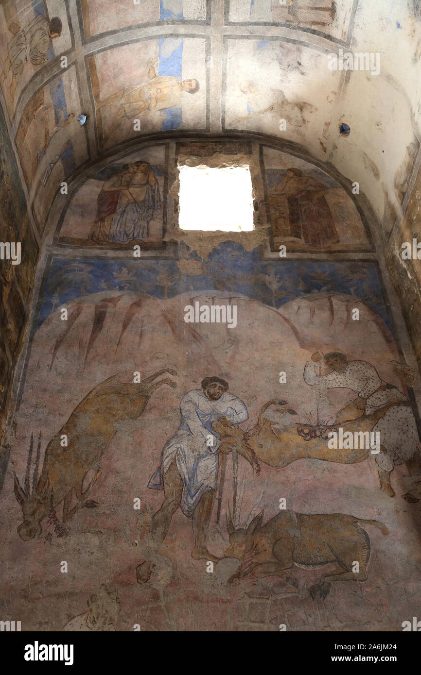 Salle d'audience fresque murale, Qusayr Amra, Château du désert de l'époque d'Umayyad, site classé au patrimoine mondial de l'UNESCO, Wadi Bumm, gouvernorat de Zarqa, Jordanie, Moyen-Orient Banque D'Images