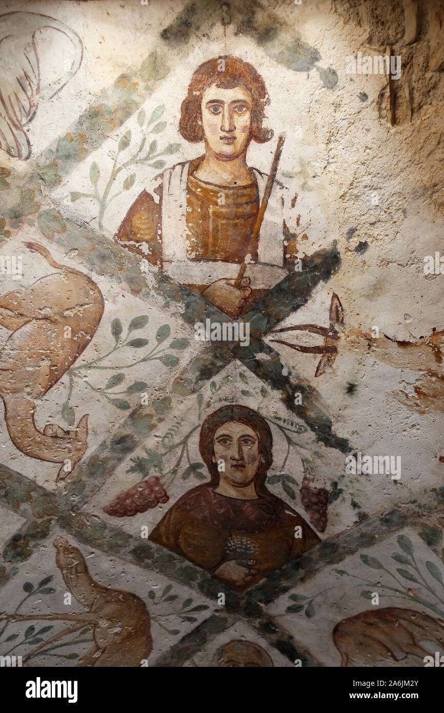 Apodytérium fresco, Qusayr Amra, Château du désert de l'époque d'Umayyad, site classé au patrimoine mondial de l'UNESCO, Wadi Bumm, gouvernorat de Zarqa, Jordanie, Moyen-Orient Banque D'Images