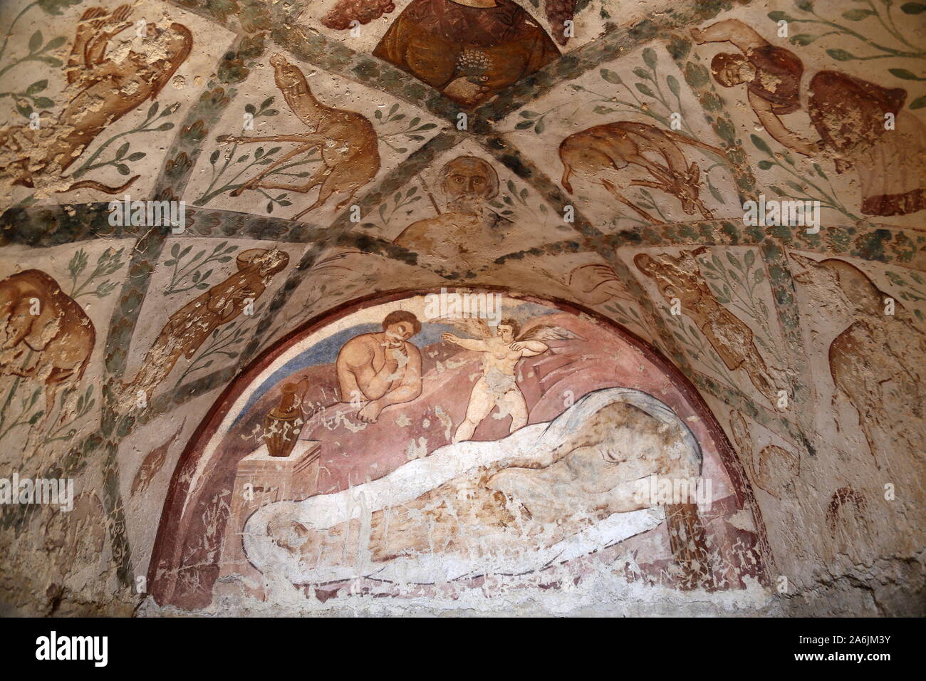 Apodytérium fresco, Qusayr Amra, Château du désert de l'époque d'Umayyad, site classé au patrimoine mondial de l'UNESCO, Wadi Bumm, gouvernorat de Zarqa, Jordanie, Moyen-Orient Banque D'Images