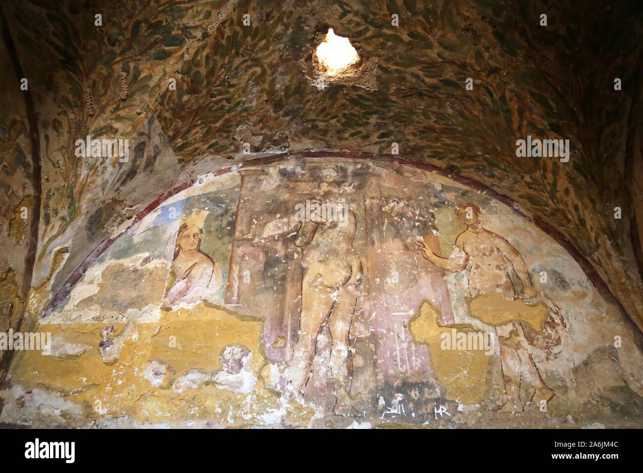 Tepidarium fresco, Qusayr Amra, Umayyad période Desert Castle, site classé au patrimoine mondial de l'UNESCO, Wadi Bumm, gouvernorat de Zarqa, Jordanie, Moyen-Orient Banque D'Images