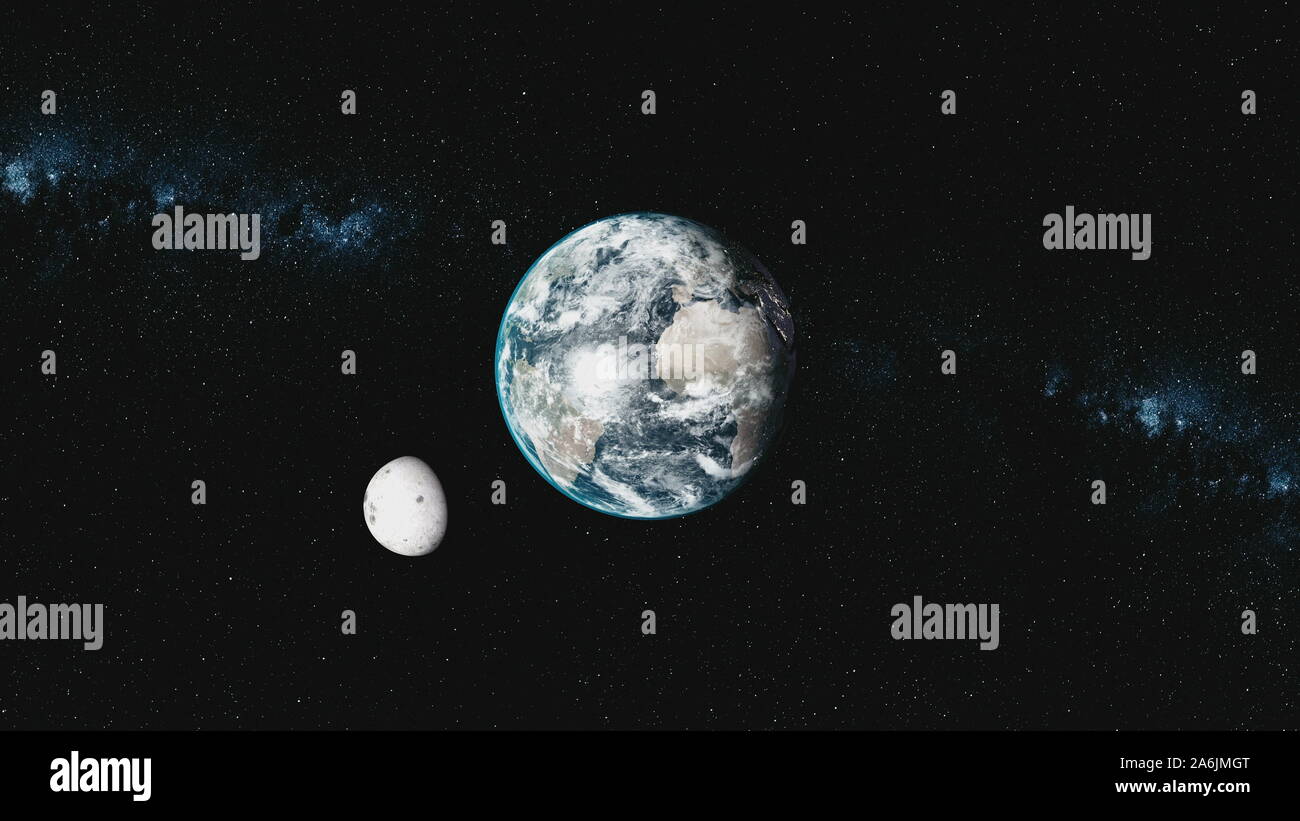 Faire tourner la Terre orbite lune étoiles Voie Lactée Arrière-plan. Nébuleuse crépusculaire Spin Galaxie Planète Univers céleste Carte. L'espace par satellite Travel Concept Animation 3D Banque D'Images