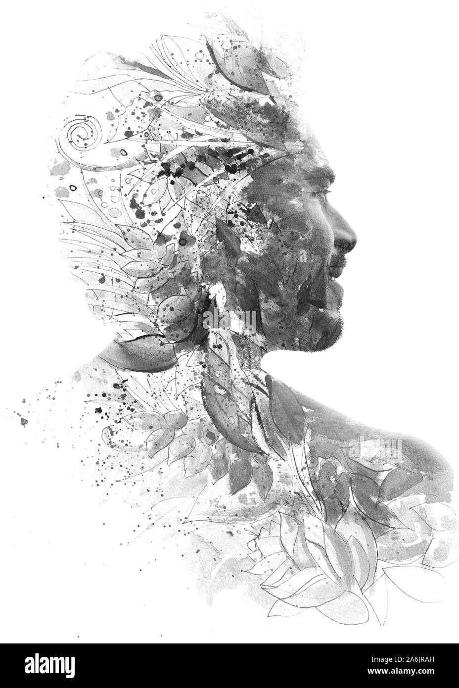 Paintography. L'exposition double portrait d'un homme avec de fortes caractéristiques combinées avec la peinture à la main de fleurs et de feuilles qui se dissolvent dans sa station de ski Banque D'Images