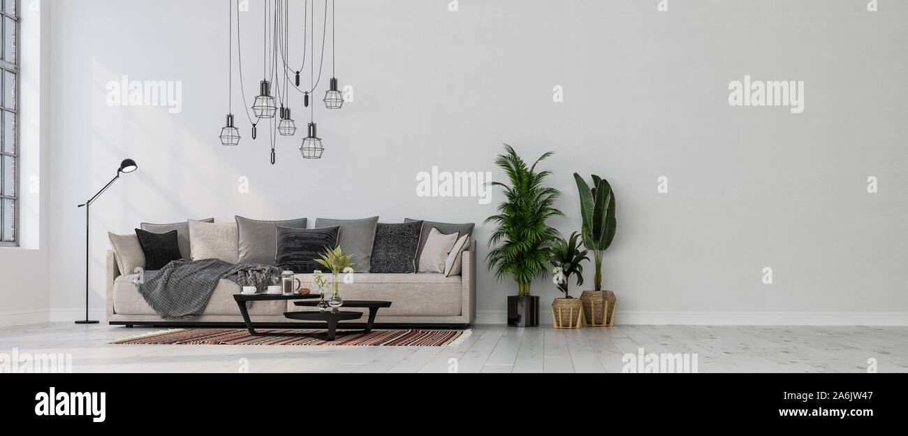 Design intérieur moderne d'un salon à l'intérieur appartement, maison, bureau, canapé, des fleurs fraîches et un intérieur moderne de détails sur un mur blanc backgrou Banque D'Images