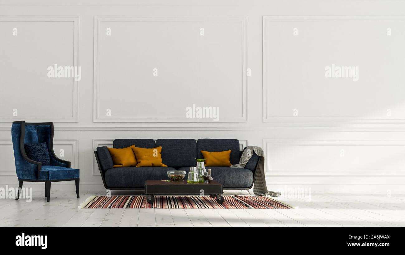 Design intérieur moderne d'un salon à l'intérieur appartement, maison, bureau, canapé, des fleurs fraîches et un intérieur moderne de détails sur un mur blanc backgrou Banque D'Images