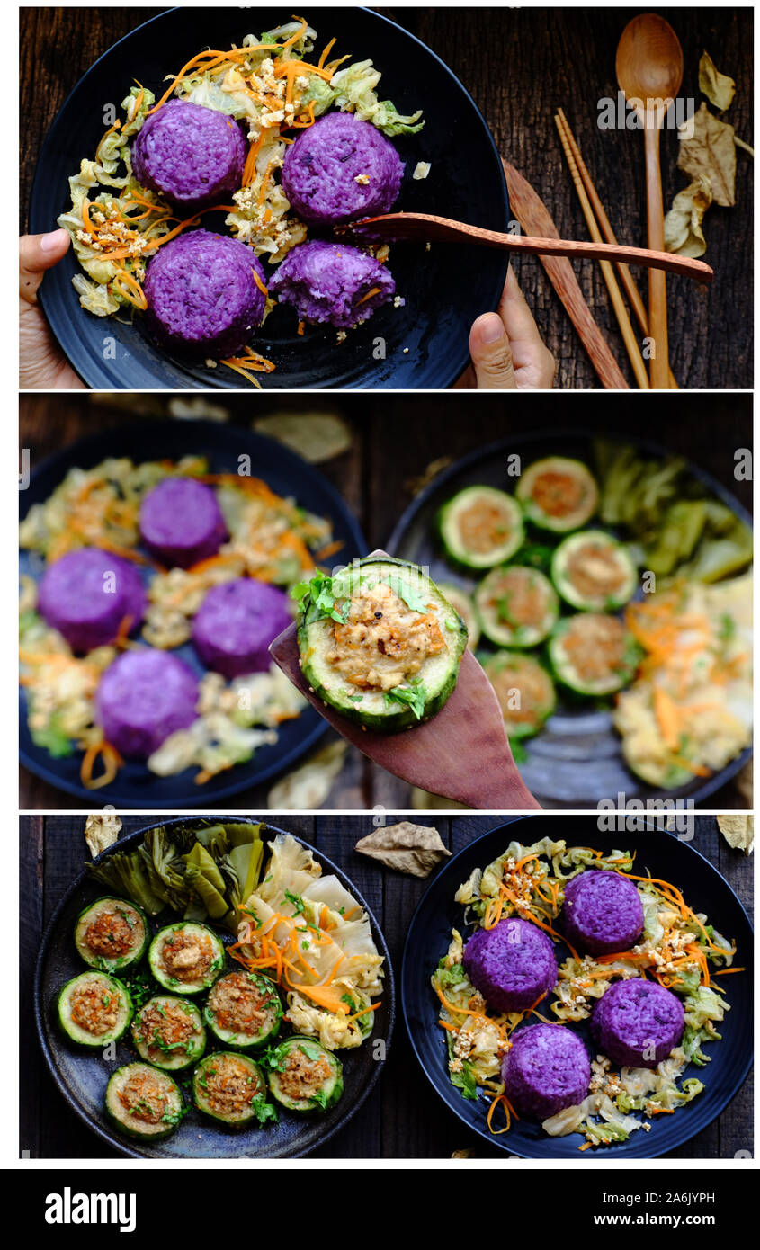 Des vietnamiens l'alimentation végétarienne, légumes grillés, tranche de melon d'hiver stuff le tofu, carotte, plat de riz violet, délicieux repas vegan en bonne santé Banque D'Images