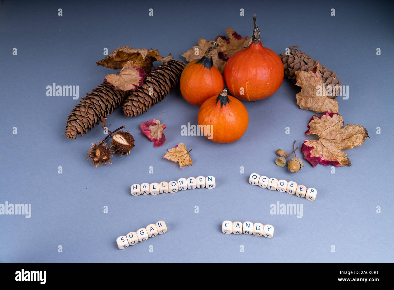Concept d'Halloween avec des bonbons, le sucre, les feuilles de couleur citrouille, pommes de pins et de glands sur fond gris avec copie espace Banque D'Images