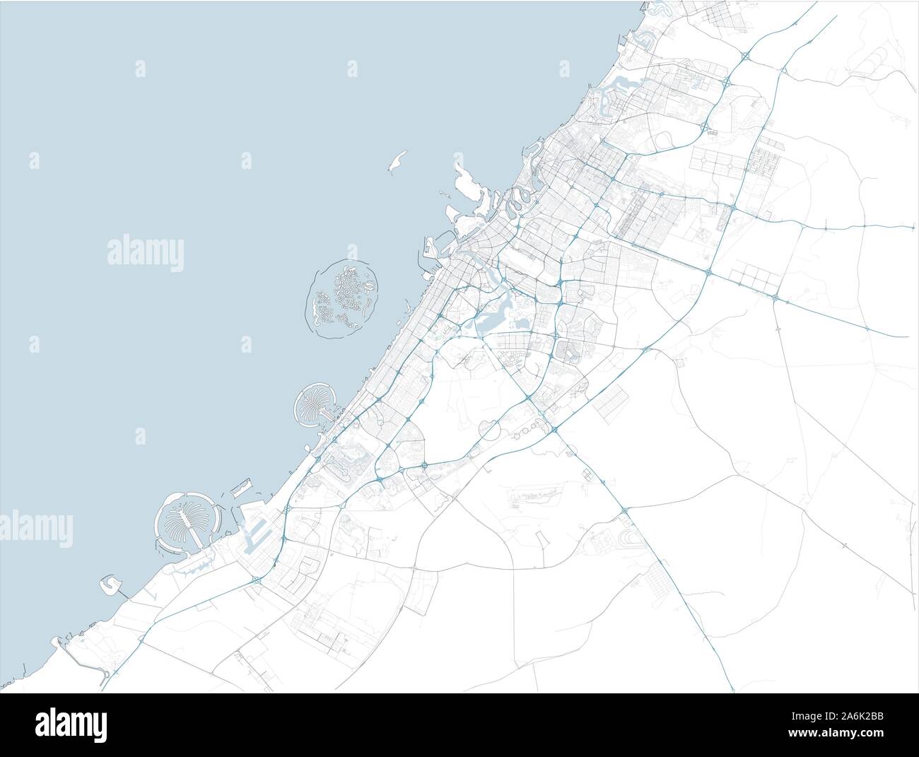 Carte Satellite de Dubaï et ses environs, aux Émirats arabes unis. La carte des routes, des rocades et autoroutes, rivières, lignes de chemin de fer. Carte de transport Illustration de Vecteur