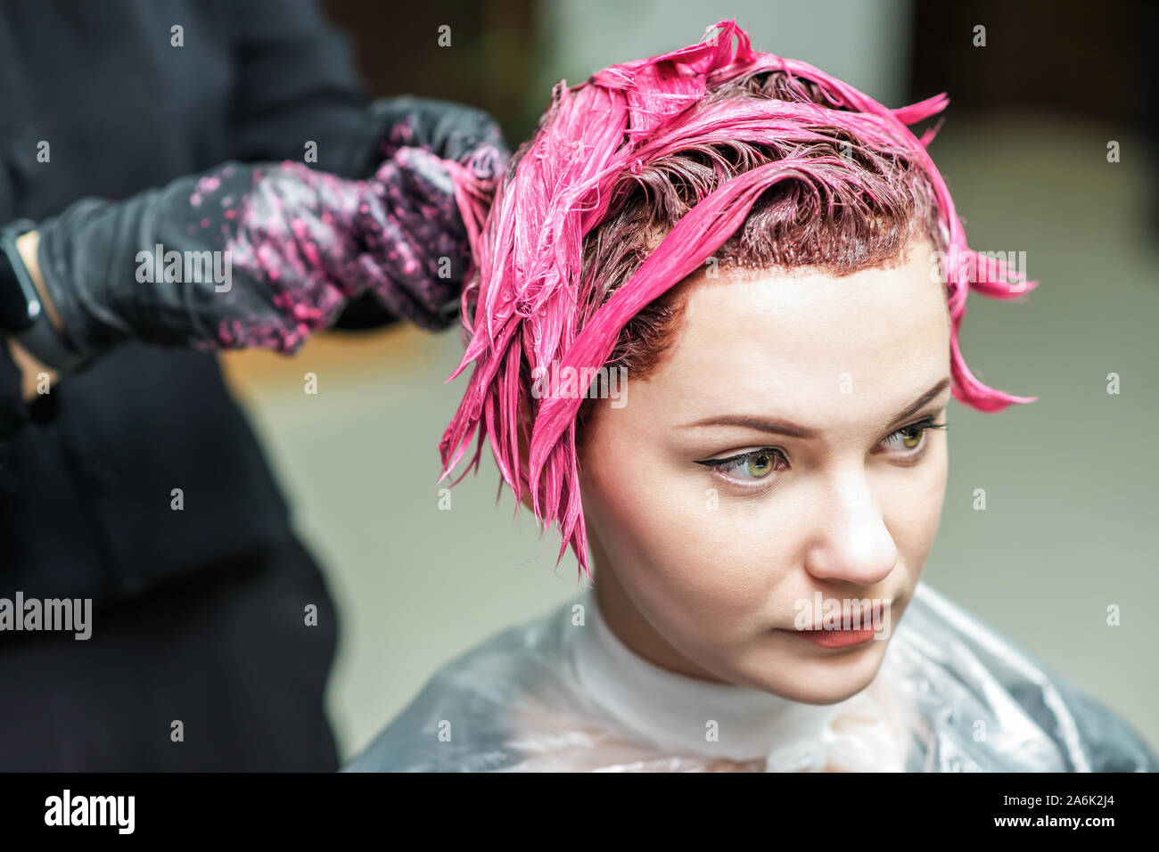 Salon de mains sont l'application de couleur rose pour les cheveux du client. Coloration de cheveux dans un salon de beauté. Beauté et de personnes concept. Banque D'Images