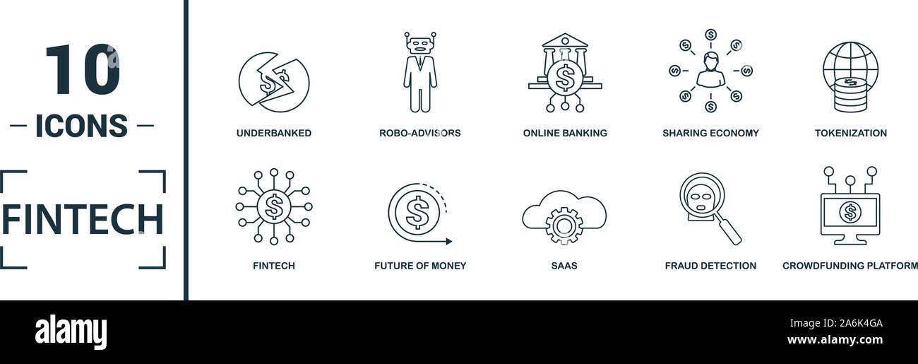 Fintech icon set. Éléments de création : services bancaires en ligne, paiement direct, fintech, cryptocurrency, fintech icônes de l'industrie. Peut être utilisé pour rapport Illustration de Vecteur