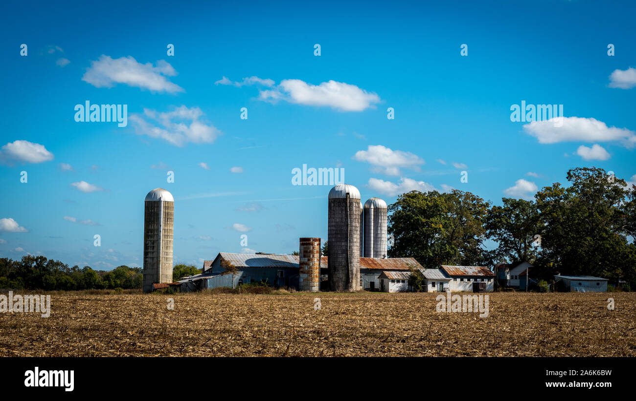 Ferme entourée par un champ récolté dans la région de Alamance County North Carolina Banque D'Images