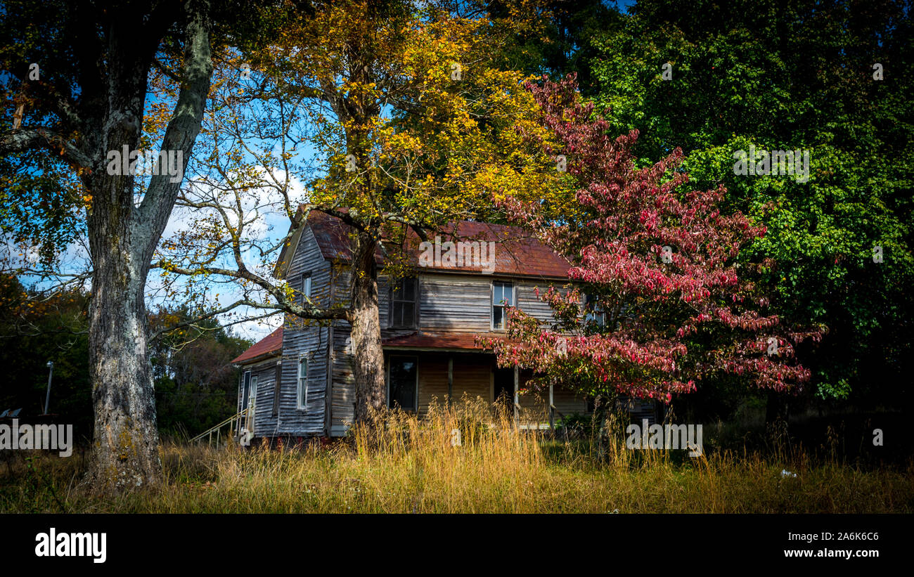 Maison abandonnée entourée d'arbres en automne avec les cumulus dans le ciel bleu Banque D'Images
