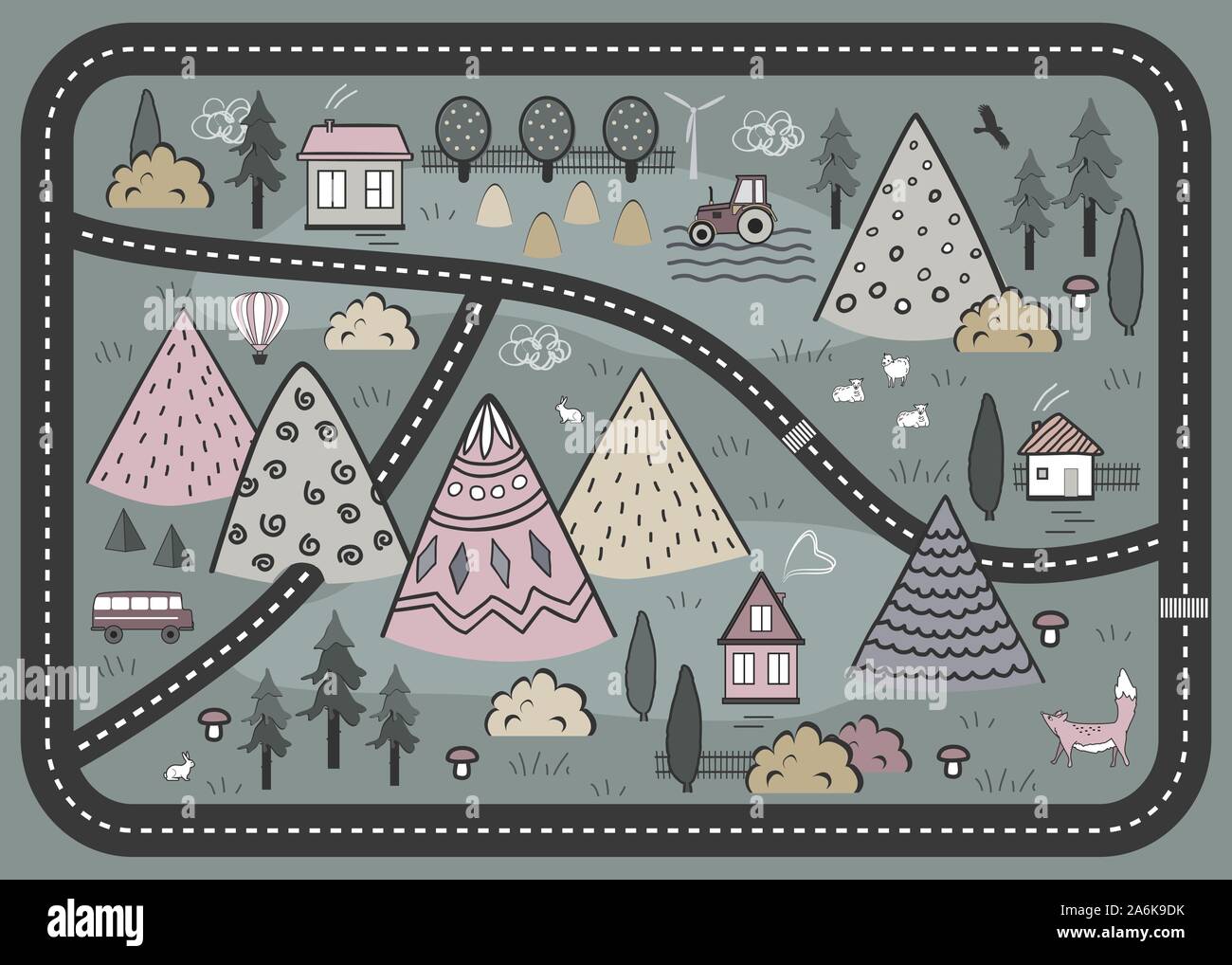 Cute Vector Background scandinave dessiné à la main avec des maisons, des animaux, des arbres, et les montagnes. Contours nature paysage. Parfait pour les enfants tapis route Illustration de Vecteur