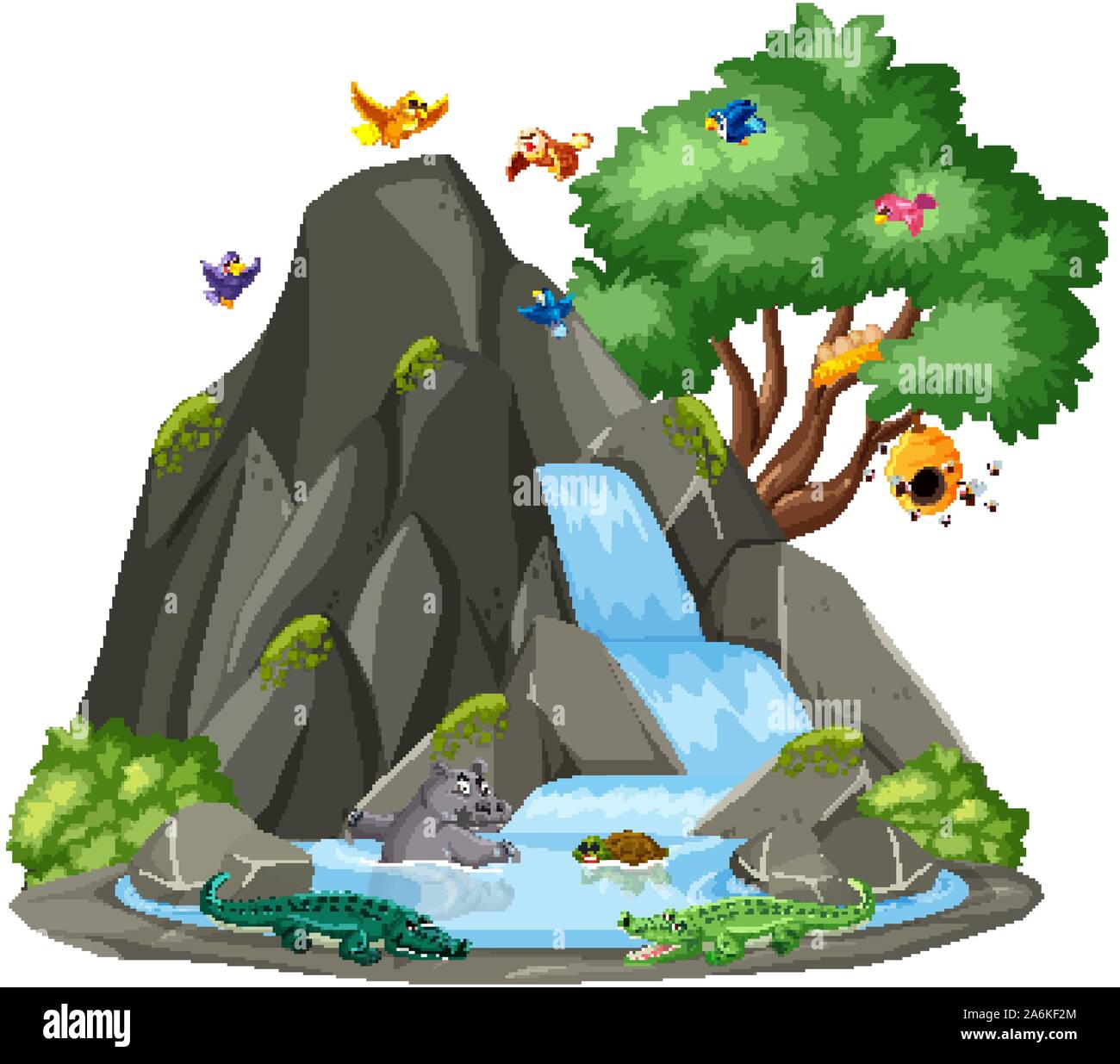 Scène d'arrière-plan de cascade et illustration oiseaux Illustration de Vecteur