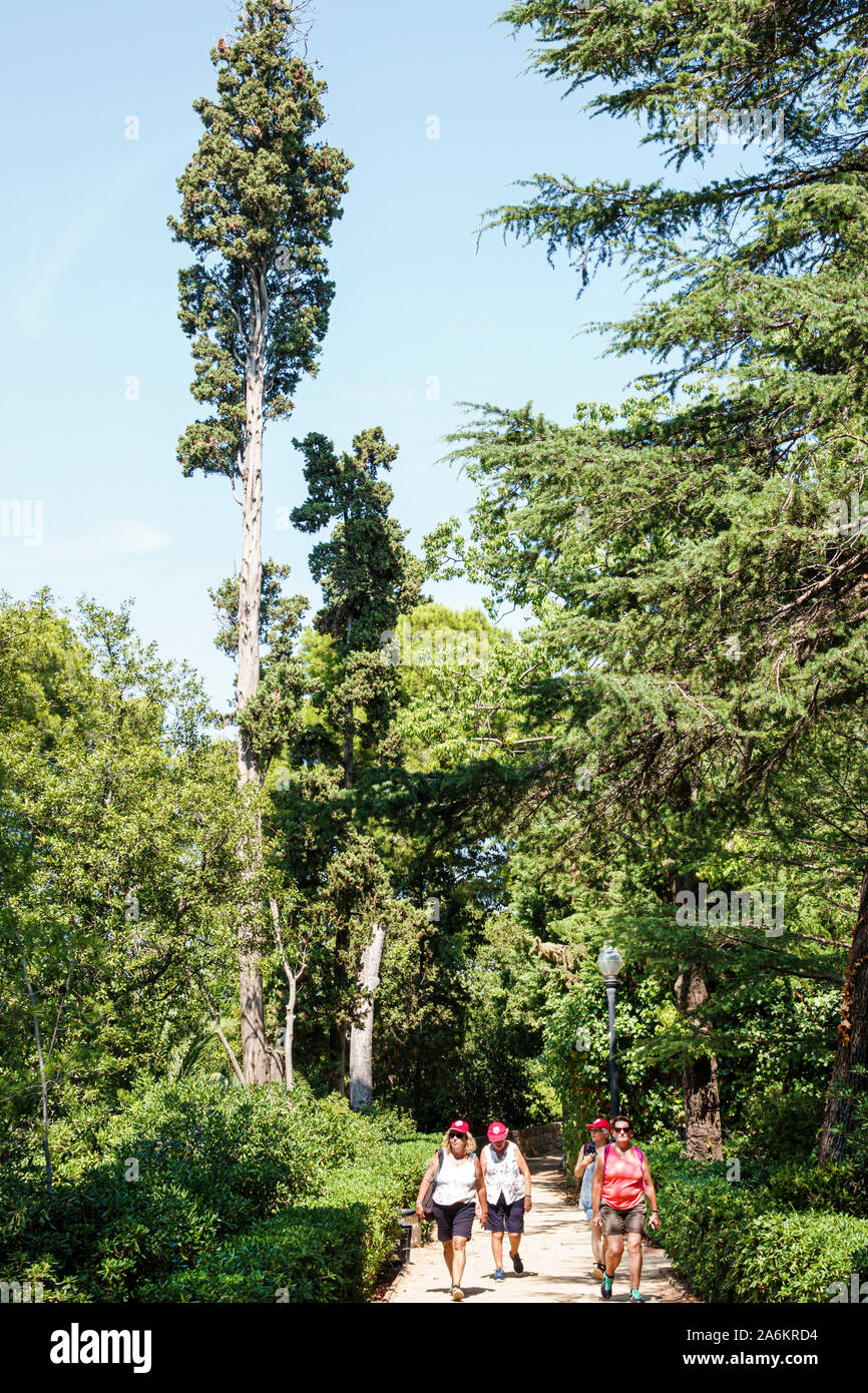 Barcelone Espagne,Catalonia Parc de Montjuic,Jardins de Laribal Gardens,parc,sentier,aménagement,arbres,femme,promenades,ES190823110 Banque D'Images