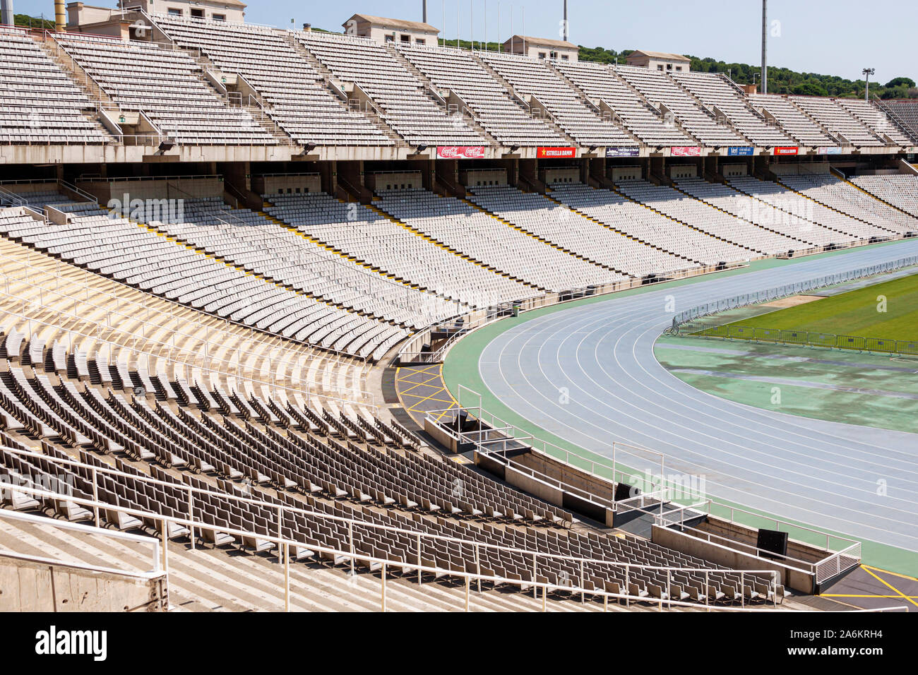 Barcelone Espagne,Catalogne Parc de Montjuic,Stadi Olimpic Lluis Companys,Stade olympique,1929 exposition internationale,point de vue du champ,bleachers,tie Banque D'Images