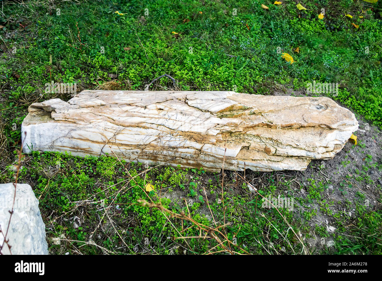 Fragment d'une partiellement détruits colonne antique en marbre blanc avec les nervures jaunes. Artefact antique à l'extérieur. Sur l'herbe verte. Banque D'Images