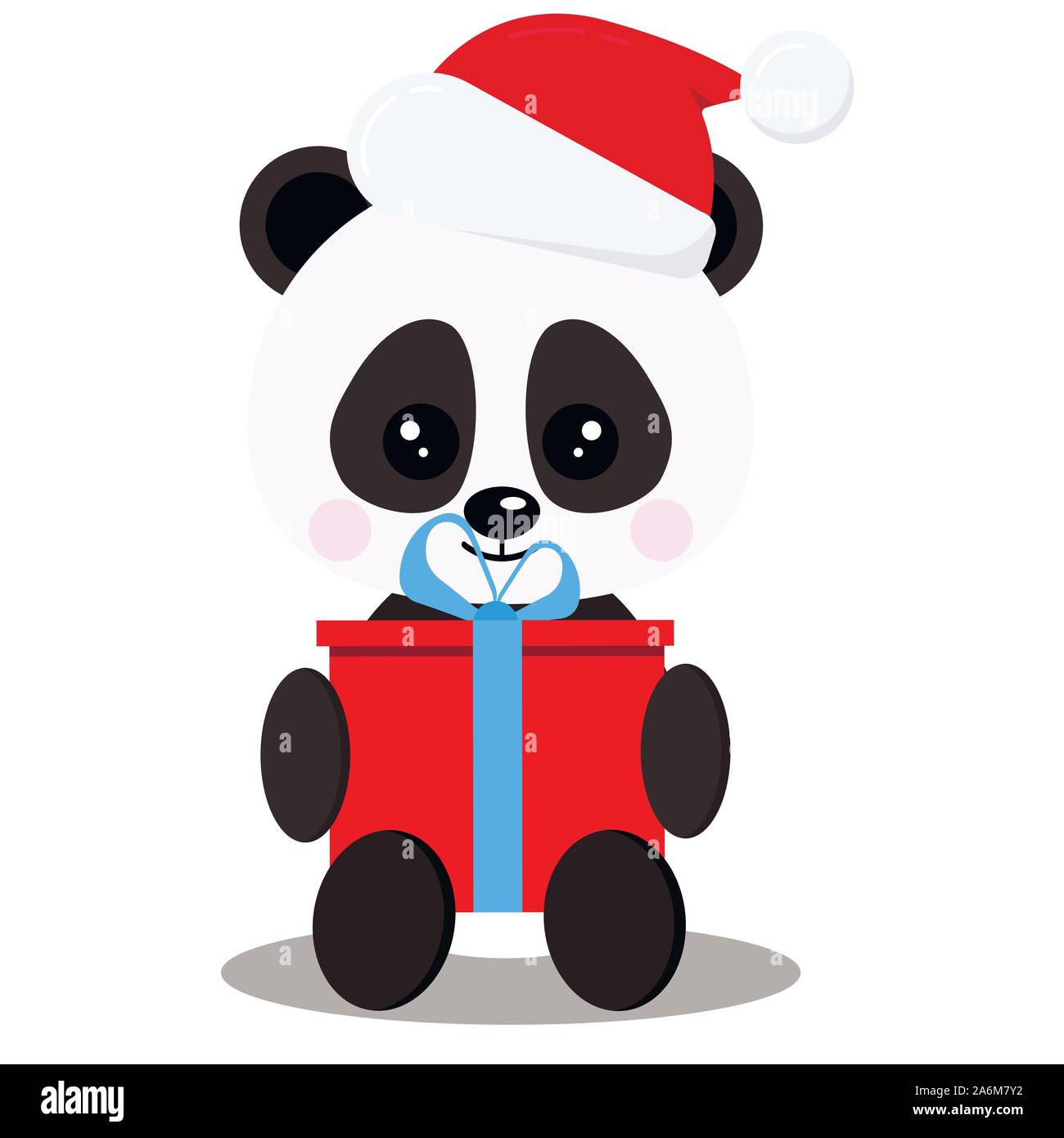 Ours panda mignon petit personnage assis dans la pose avec le Père Noël en cadeau rouge red christmas hat isolé sur fond blanc. Illustration de Vecteur